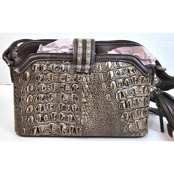 Vtg M.C. Metallic Croc Embossed Faux Leather Crossbody Bag Ornate Silver Tassel - Picture 5 of 15